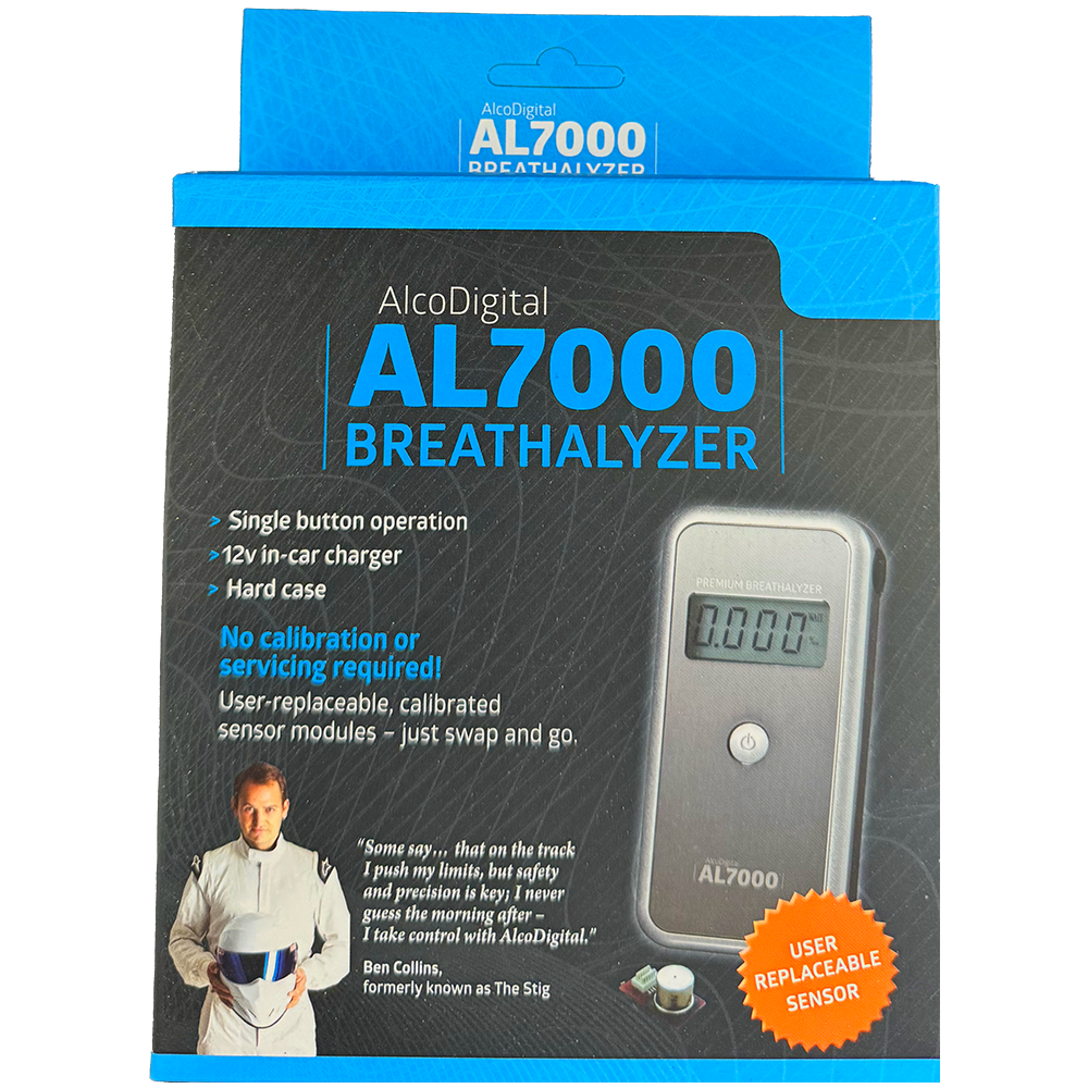 AlcoDigital AL7000 breathalyzer for on the go alcohol testing inside box