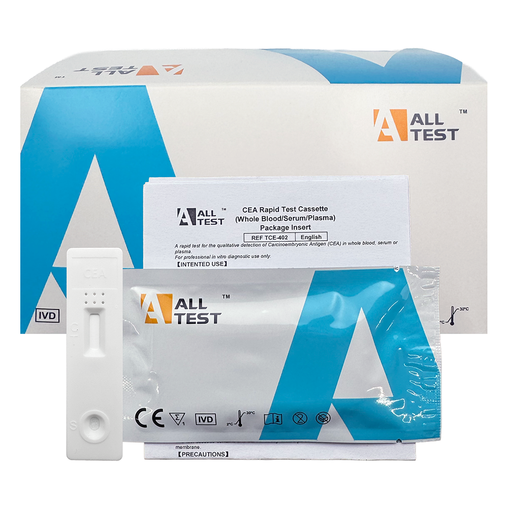 All Test CEA Rapid Test Cassette packaging with branding and product details on a white background