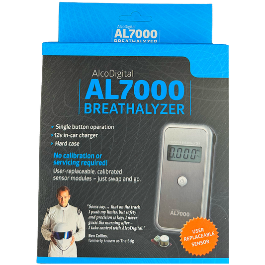 AlcoDigital AL7000 breathalyzer for on the go alcohol testing inside box