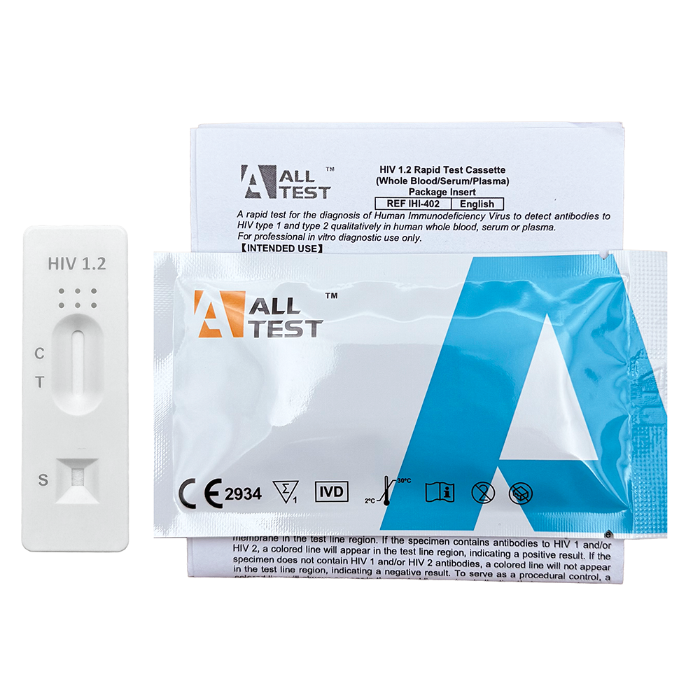 HIV rapid test cassette with All Test branding and instructions