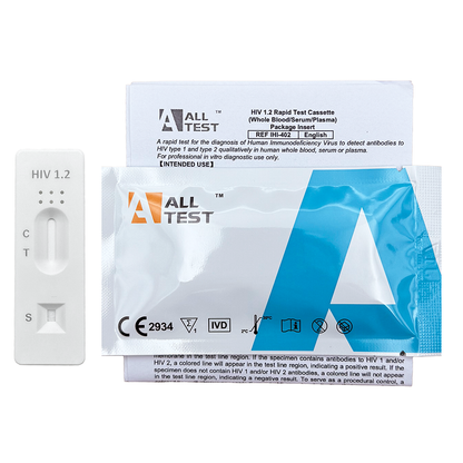 HIV rapid test cassette with All Test branding and instructions
