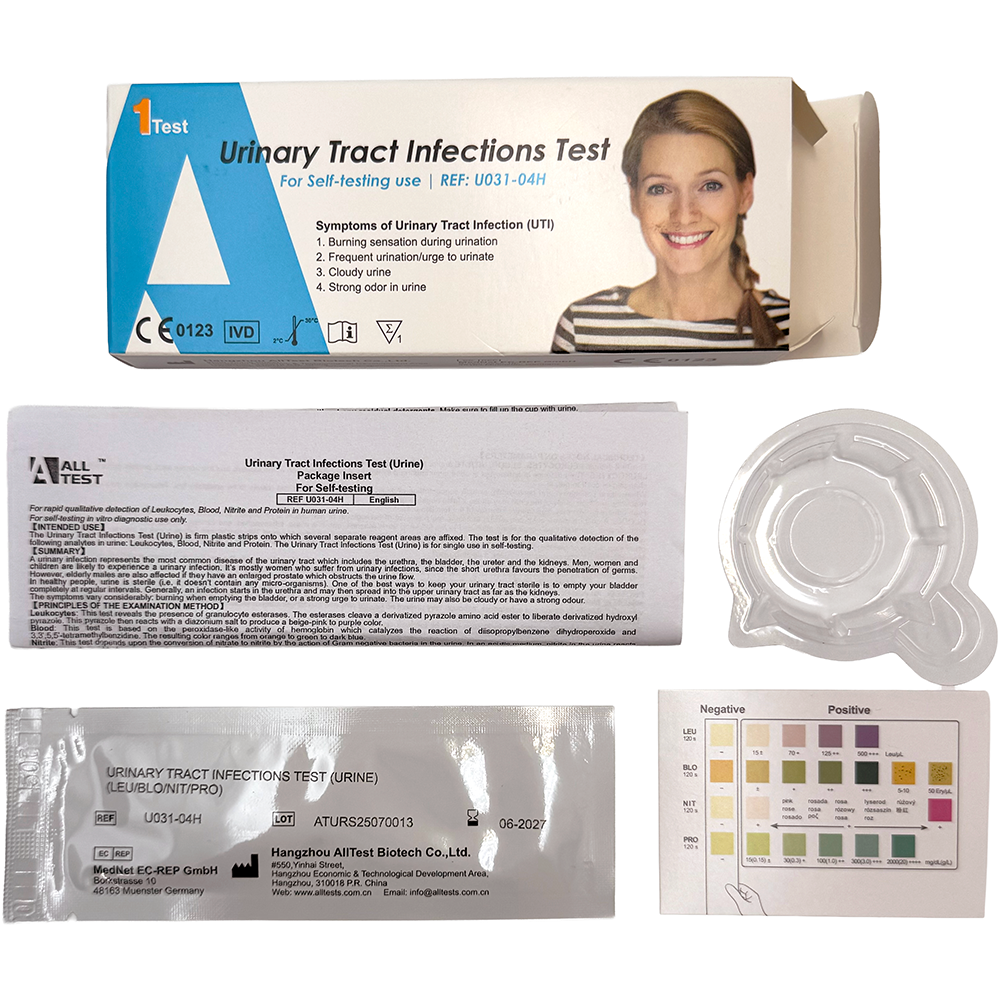 Urinary Tract Infections Test kit with packaging and components on a white background