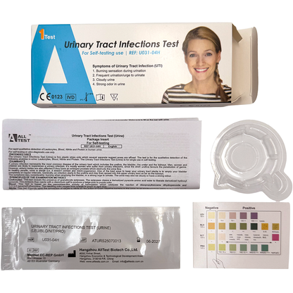 Urinary Tract Infections Test kit with packaging and components on a white background