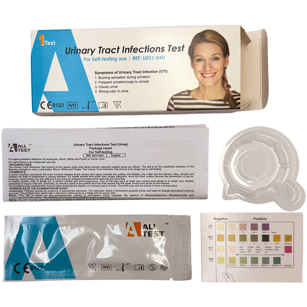 Urinary Tract Infections Test kit with packaging and components on a white background