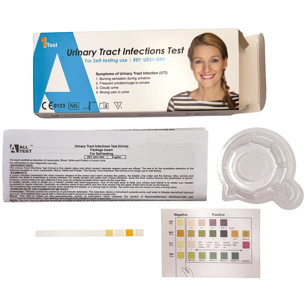 Urinary Tract Infections test kit with packaging, instructions, and sample container on a white background