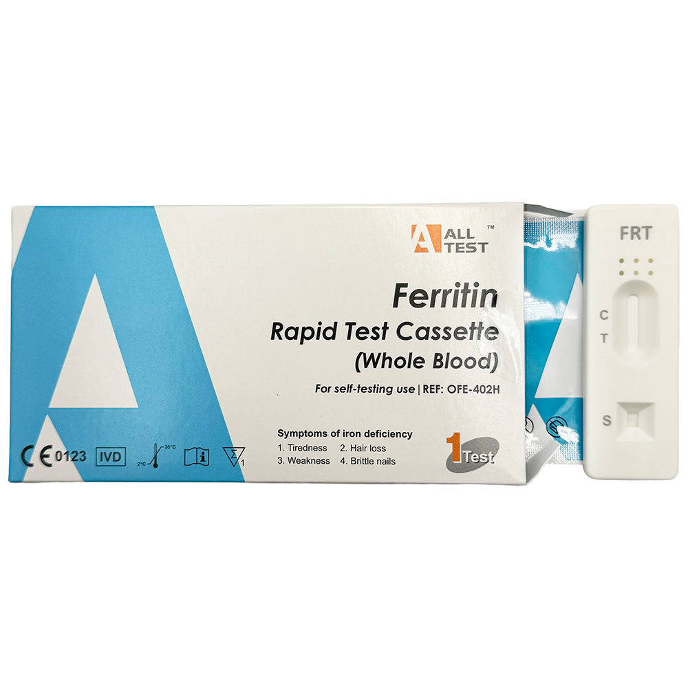 All Test Ferritin Rapid Test Cassette packaging on a white background