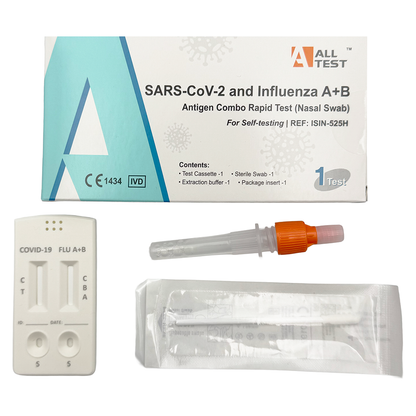 SARS-CoV-2 and Influenza A+B antigen combo rapid test kit with packaging on a white background